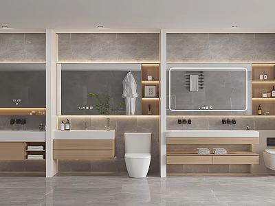 Modern Bathroom Vanity Design With Mirror Cabinets Lighting And Green Plants 3d model
