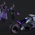 Futuristic Armored Characters With Purple Black Armor And Sci Fi Motorcycle