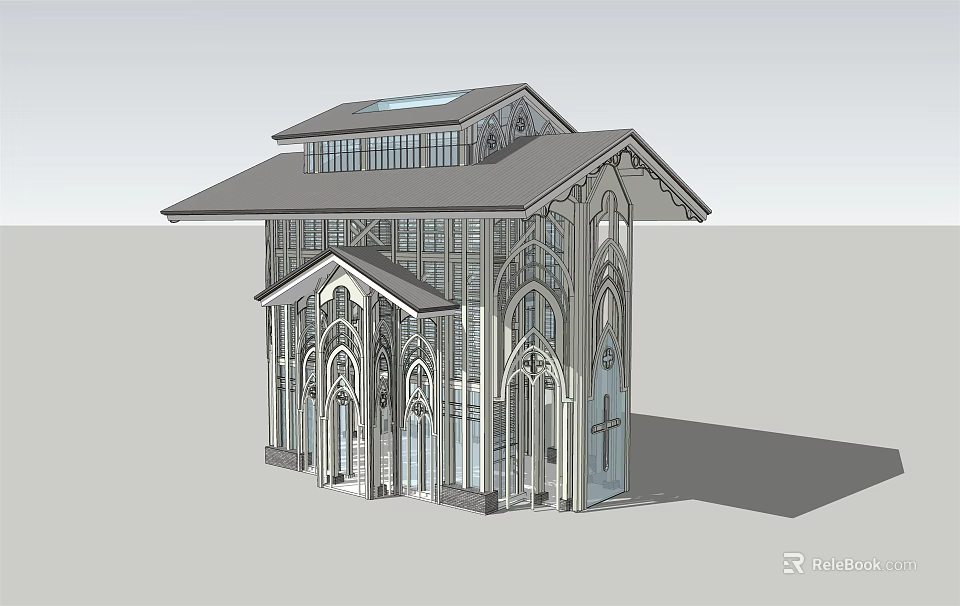 Ancient Gothic Architecture with Pointed Arch Windows Carved Decorations and Cross and Skylight on Roof 3d model 