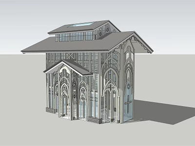 Ancient Gothic Architecture with Pointed Arch Windows Carved Decorations and Cross and Skylight on Roof 3d model