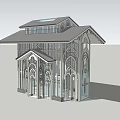 Ancient Gothic Architecture with Pointed Arch Windows Carved Decorations and Cross and Skylight on Roof