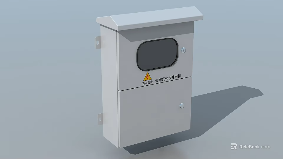 Gray Metal Storage Cabinet with Viewing Window and Warning Sign for Safety Protection 3d model 