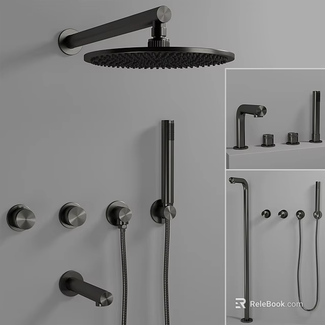 Black Shower Head with Handheld Sprayer and Control Knobs Modern Wall Mounted Bathroom Fixture 3d model 