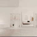 Modern Clothing Store With White Walls Metal Racks Hanging Clothes Pink Sofa And Arched Shelf