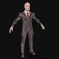 Elderly Man In Dark Suit With Gold Trims Red Tie And Mechanical Arms Standing Still