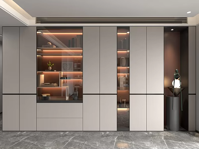 Modern Wine Cabinet Interior Design With Glass Doors Layered Shelves And Interior Lighting 3d model