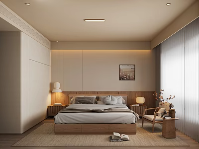 Modern Bedroom Interior With Bed Nightstand Lamp Rug And Wall Art 3d model