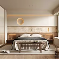 Minimalist Modern Bedroom Interior With Bed And Nightstands Circular Wall Decor And Warm Lighting Plant