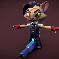 Cartoon Style Cat Game Character Wearing Vest Tie Red Gloves Arms Outstretched Holding Blue Tool