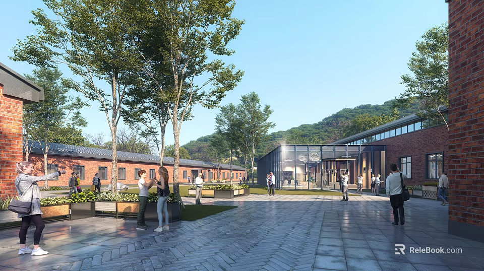 Modern Red Brick Industrial Factory Exterior With Trees Plaza And Open Space 3d model 