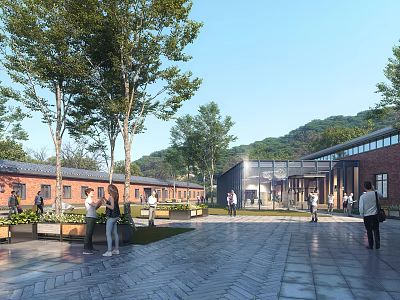Modern Red Brick Industrial Factory Exterior With Trees Plaza And Open Space 3d model