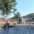 Modern Red Brick Industrial Factory Exterior With Trees Plaza And Open Space