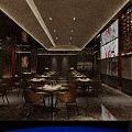 Elegant Modern Restaurant Interior With Dining Tables Chairs Wine Racks And Ambient Lighting