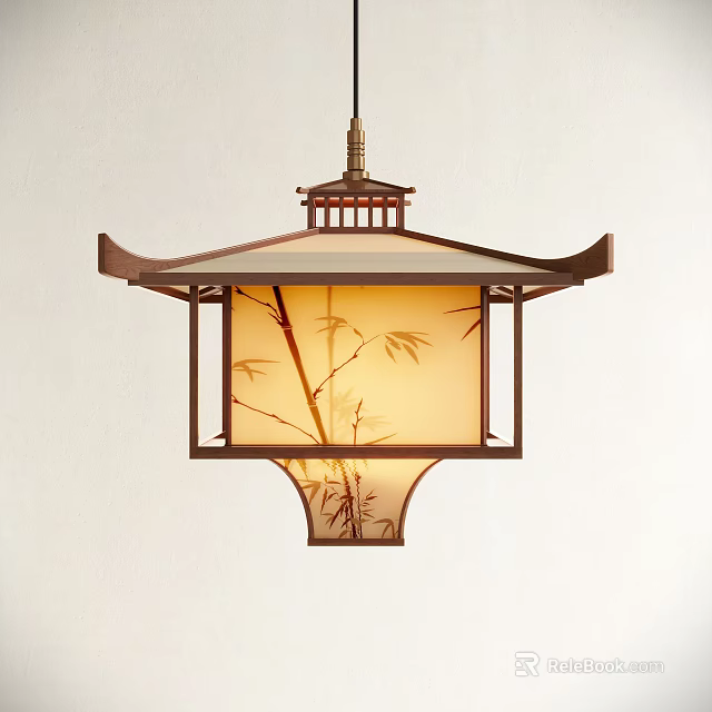 Traditional Chinese Style Pendant Light With Wooden Frame Bamboo Leaf Pattern And Square Lampshade 3d model 