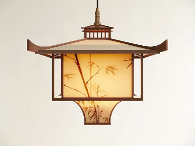 Traditional Chinese Style Pendant Light With Wooden Frame Bamboo Leaf Pattern And Square Lampshade 3d model
