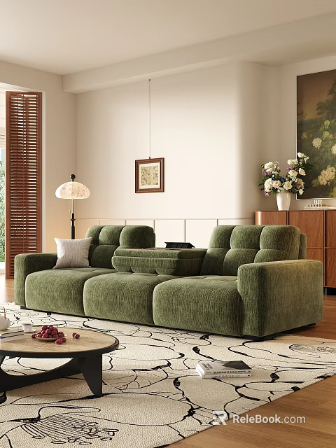 Elegant Green Upholstered Sofa And Coffee Table Set For Cozy Modern Living Room Home Decor 3d model 