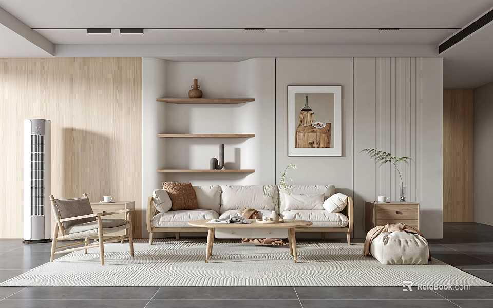 Modern Living Room With Beige Sofa Wooden Shelves Decorative Painting And Green Plant 3d model 