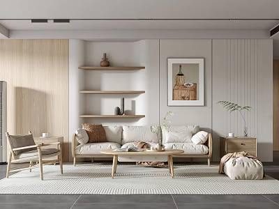 Modern Living Room With Beige Sofa Wooden Shelves Decorative Painting And Green Plant 3d model