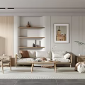 Modern Living Room With Beige Sofa Wooden Shelves Decorative Painting And Green Plant