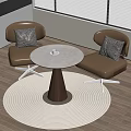 Stylish Round Table With Brown Chairs On Woven Rug In Modern Room With Wooden Floor