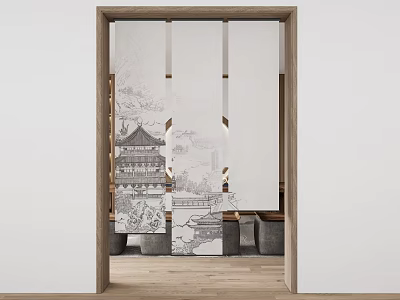 Traditional Japanese Ink Painting Curtain With Wooden Frame For Interior Decoration 3d model