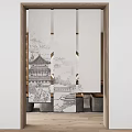 Traditional Japanese Ink Painting Curtain With Wooden Frame For Interior Decoration