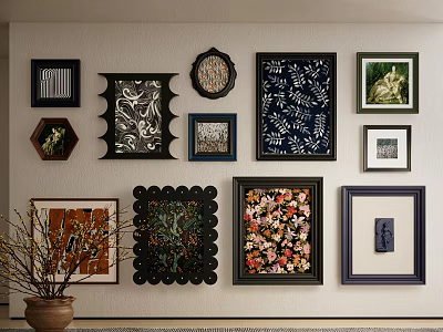 Eclectic Wall Art Gallery With Various Framed Decorations And Diverse Styles 3d model
