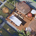 Scenic Rural Landscape With Palm Trees Wooden Pavilions Green Gardens And Outdoor Dining Areas
