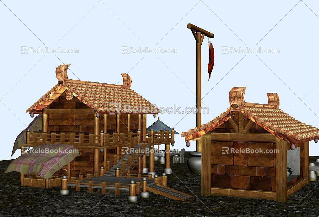 Q version wooden house game scene 3d model