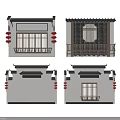 Traditional Chinese Architectural Components Featuring Wooden Lattice Windows Red Lanterns And Tile Roofs