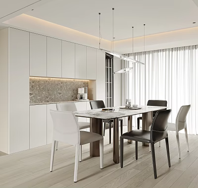 Modern Restaurant Interior Design With White Cabinets Dining Table Mixed Chairs And Pendant Lights 3d model