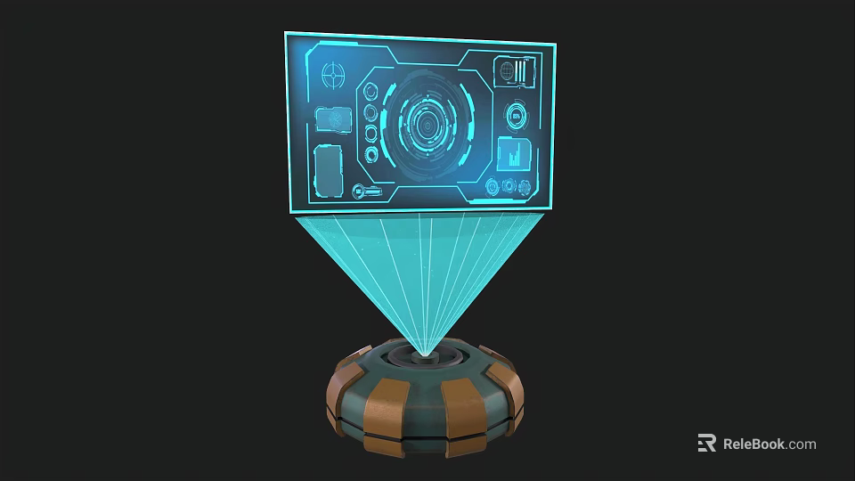Sci Fi Holographic Projection Device With Blue Interface Control Icons And Orange Brown Base 3d model 