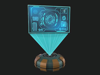 Sci Fi Holographic Projection Device With Blue Interface Control Icons And Orange Brown Base 3d model