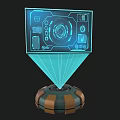 Sci Fi Holographic Projection Device With Blue Interface Control Icons And Orange Brown Base