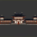 Ancient Architecture with Blue Tiled Roofs Red Wooden Structures and Overhanging Eaves in Classic Design
