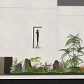 Minimalist Indoor Landscape With Lush Green Plants Decorative Rocks And Black Sculpture In Niche