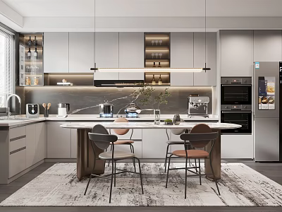 Modern Kitchen Interior With Sleek Island Countertop Cabinets Appliances And Hanging Pendant Lights 3d model