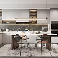 Modern Kitchen Interior With Sleek Island Countertop Cabinets Appliances And Hanging Pendant Lights