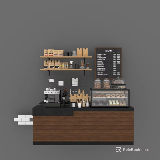 Coffee Shop Functional Table With Coffee Machine Pastry Display And Shelves For Coffee Items 3d model