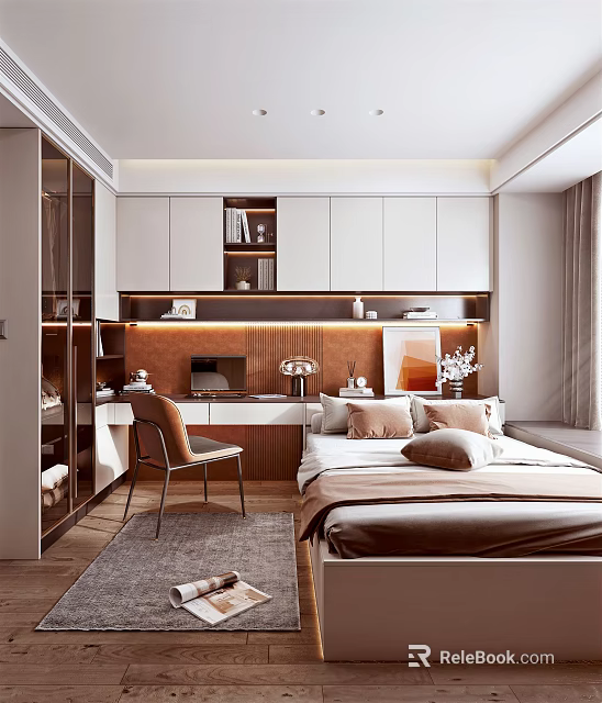 Modern Tatami Bedroom Interior With Storage Cabinets Desk Cozy Pillows And Warm Lighting Design 3d model 