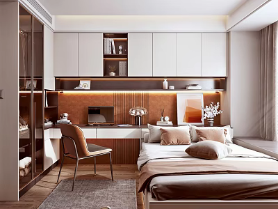 Modern Tatami Bedroom Interior With Storage Cabinets Desk Cozy Pillows And Warm Lighting Design 3d model