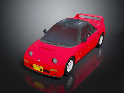 Red Sports Car With Black Roof Yellow License Plate White Wheels And Rear Spoiler 3d model