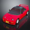 Red Sports Car With Black Roof Yellow License Plate White Wheels And Rear Spoiler