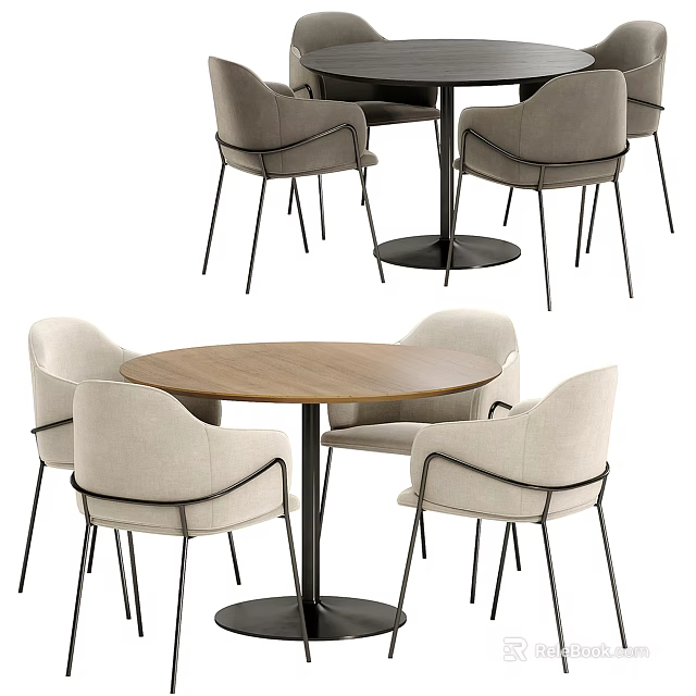 Modern Dining Table Set With Round Wooden Top And Metal Frame Chairs 3d model 