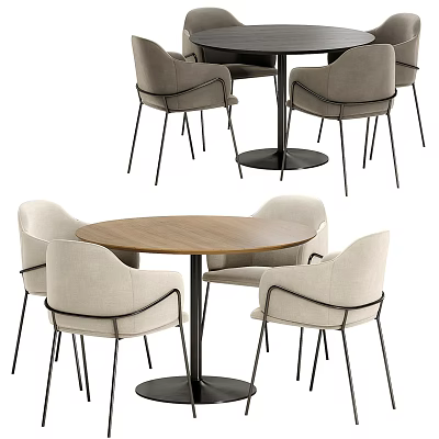 Modern Dining Table Set With Round Wooden Top And Metal Frame Chairs 3d model