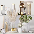 Stylish Decorative Ornament Collection With Vases Lamps Green Plants And Artworks On Display Shelves