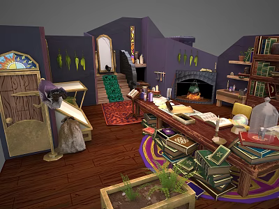 Cartoon Style Enchanted Room Scene With Purple Walls Bookshelves Fireplace And Staircase 3d model