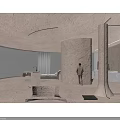 Modern Hotel Lobby With Curved Walls Large Windows Mountain View Sofa And Natural Light