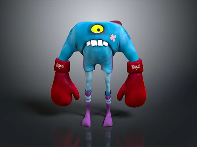 Blue Game Movie Character With Large Yellow Eyes Red Boxing Gloves And Pink Flower Pattern 3d model