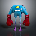 Blue Game Movie Character With Large Yellow Eyes Red Boxing Gloves And Pink Flower Pattern